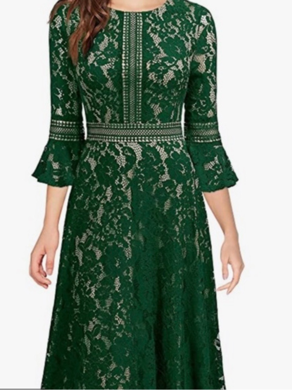 Forest Green Lace Midi Dress with Bell Sleeves